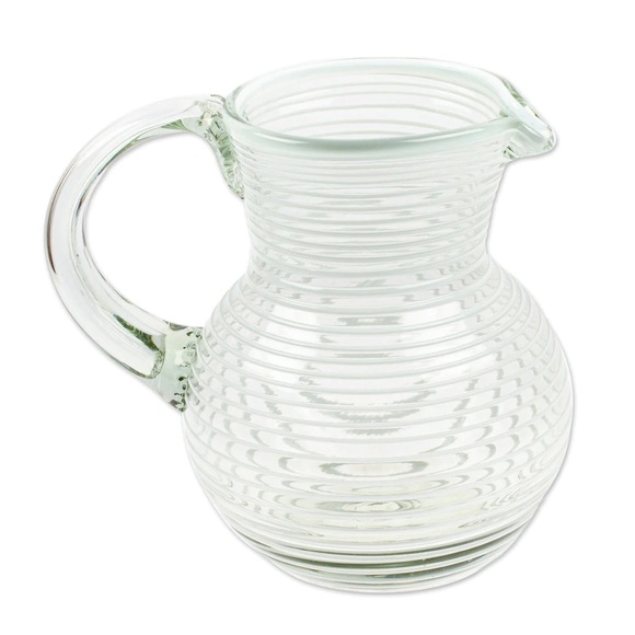 🆕 Handblown Recycled Glass Pitcher & 2 Glasses in White Stripe - Picture 6 of 9